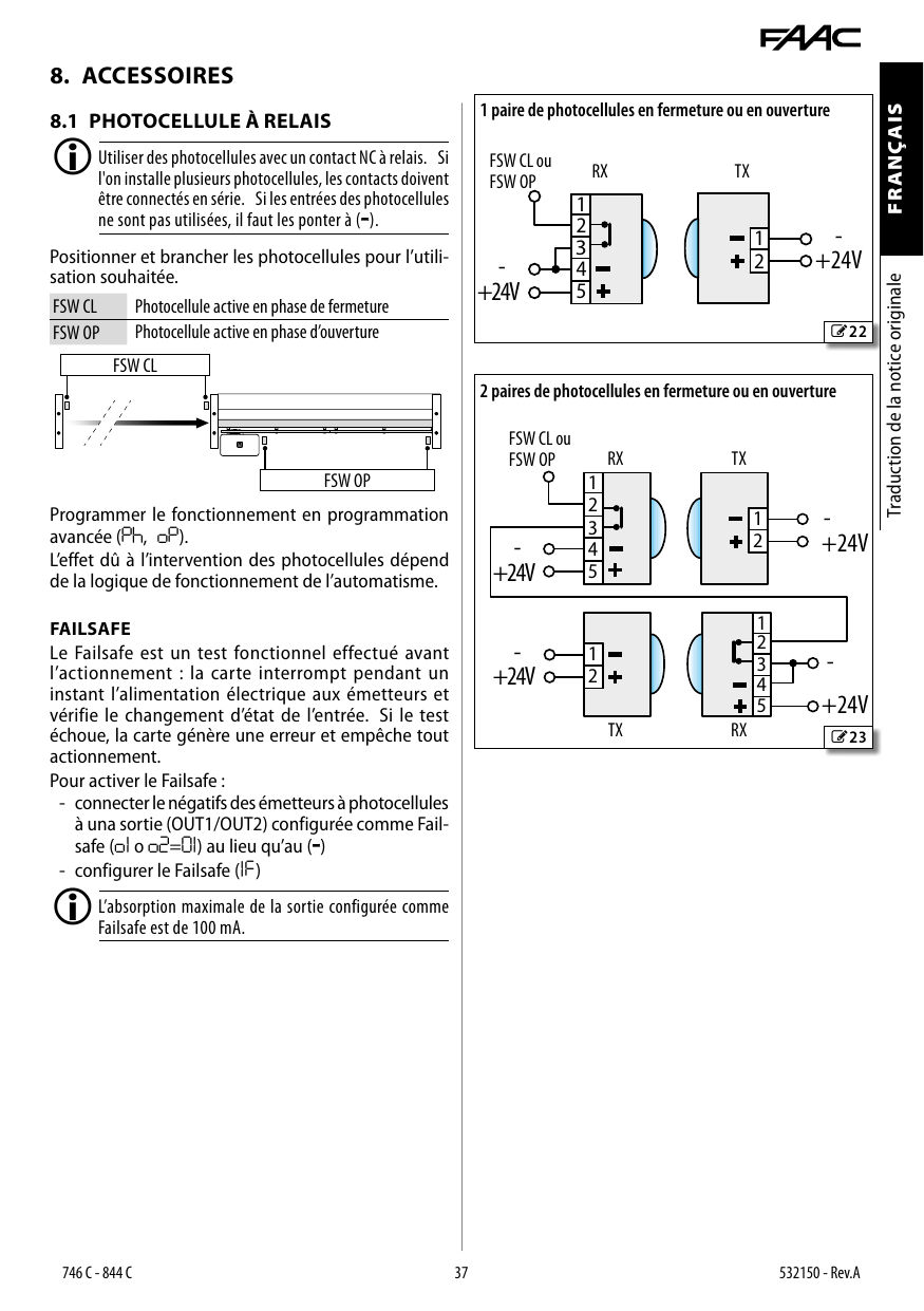 Schéma de connexion des photocellules à relais (1 et 2 paires)