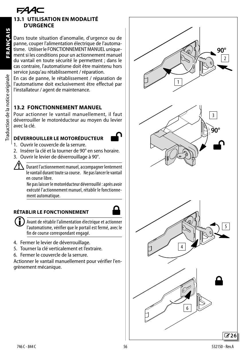 Déverrouillage et rétablissement du fonctionnement manuel du motoréducteur