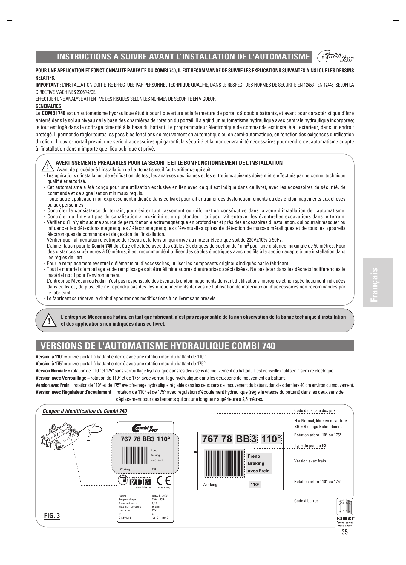 Lecture du coupon d'identification et de l'étiquette (code de la liste des prix, type de pompe P3, version avec frein, rotation arbre 110° ou 175°) — FIG. 3