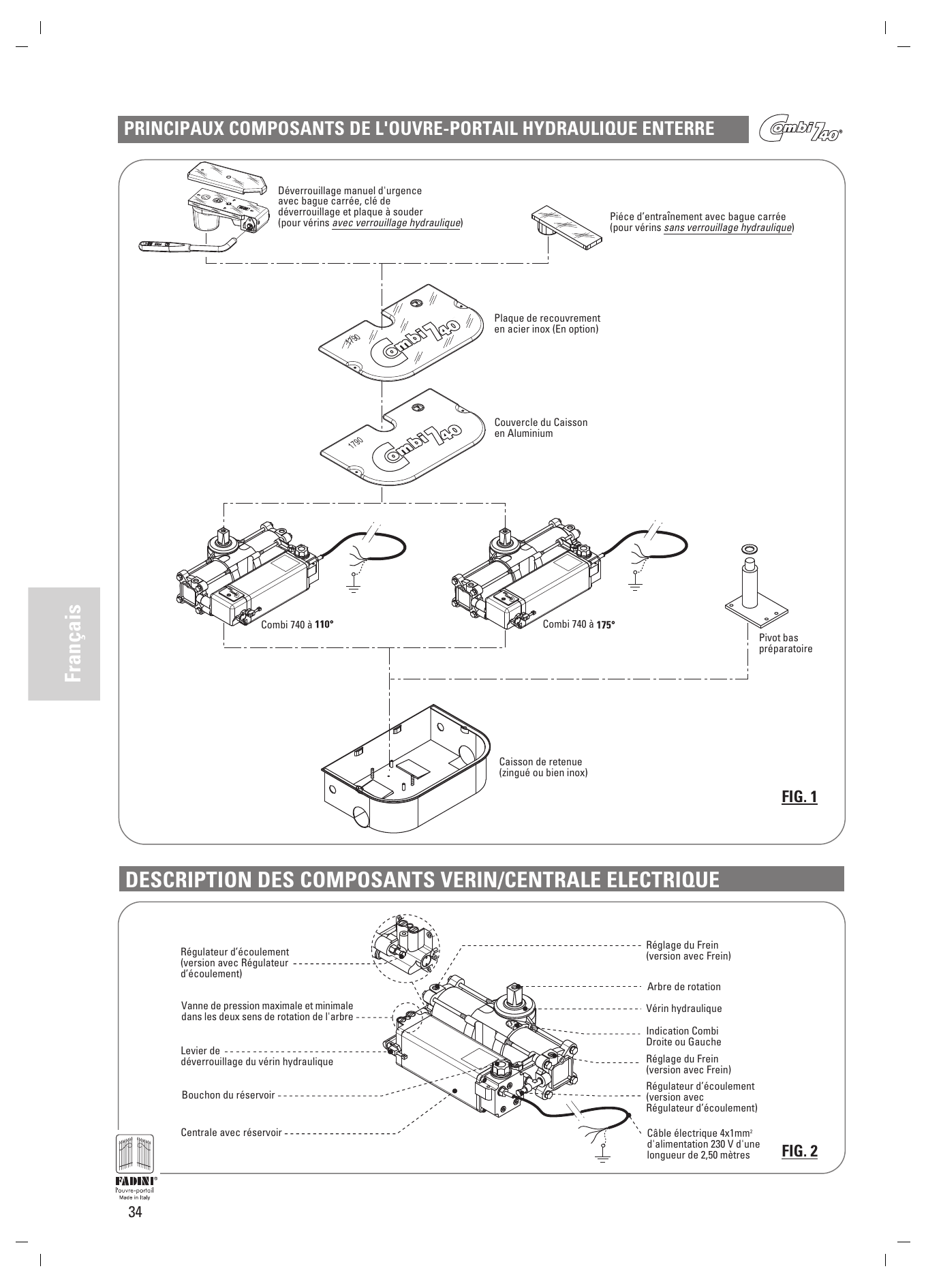 FIG. 1 — Composants : déverrouillage manuel d'urgence avec bague carrée, pièce d'entraînement avec bague carrée, plaque de recouvrement en acier inox (en option), couvercle du caisson en aluminium, Combi 740 à 110° et à 175°, pivot bas préparatoire, caisson de retenue (zingué ou inox)