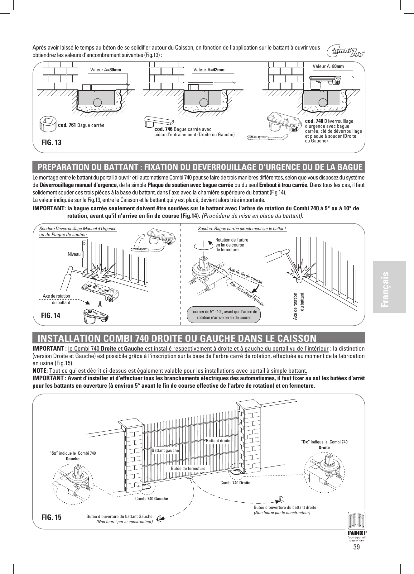 FIG. 13 — Valeurs d'encombrement A selon les trois accessoires de montage