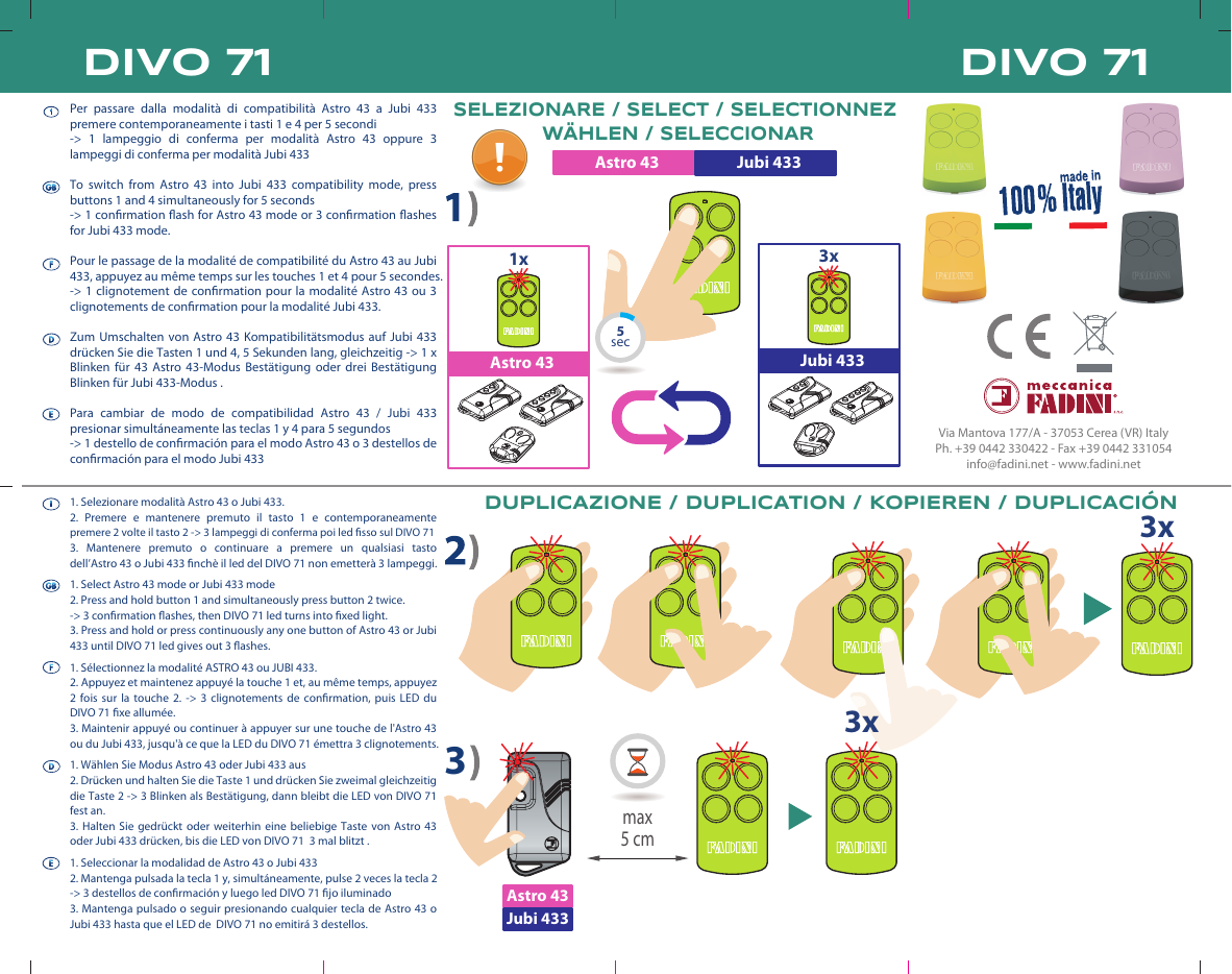 Schéma de sélection / commutation entre les modalités Astro 43 et Jubi 433 (appui simultané touches 1 et 4, 5 secondes)