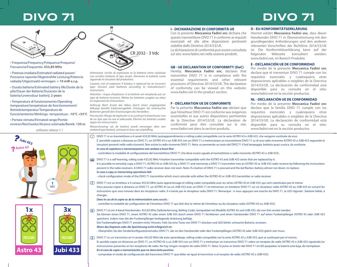 Vue éclatée du boîtier DIVO 71 et emplacement de la pile CR2032 - 3 Vdc