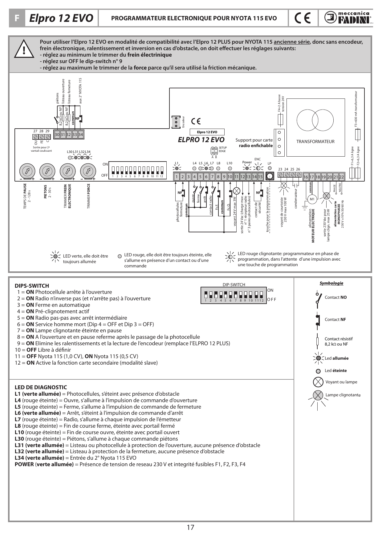 Schéma général de la carte Elpro 12 EVO avec bornier, dips-switch, trimmers, LED de diagnostic, transformateur et fusibles
