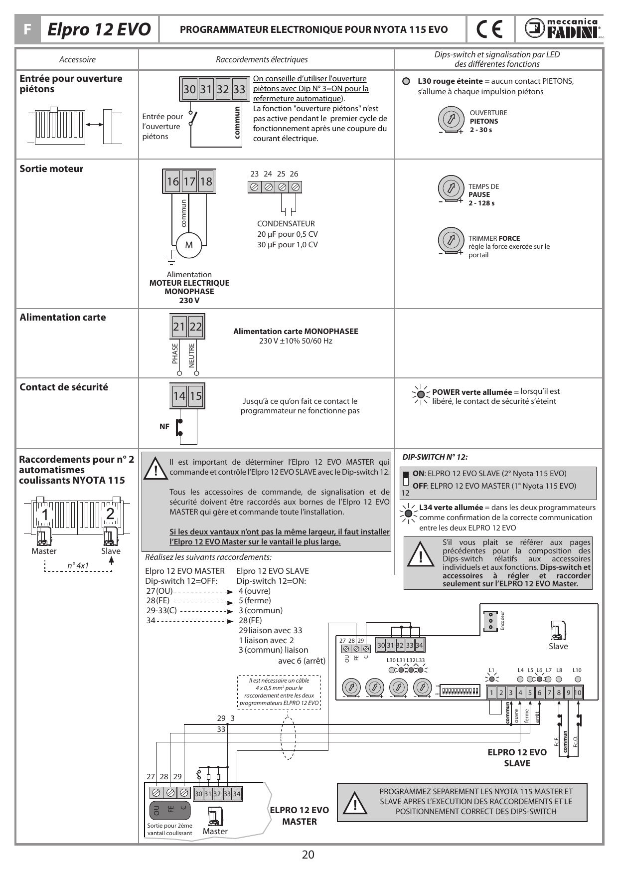 Schéma de raccordement Master / Slave entre deux automatismes coulissants Nyota 115 avec les deux cartes Elpro 12 EVO