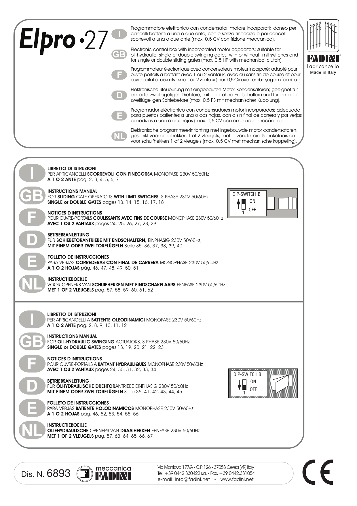 Vue d'ensemble de la carte Elpro 27 et configuration du Dip-Switch B selon le type de portail (coulissant / battant)
