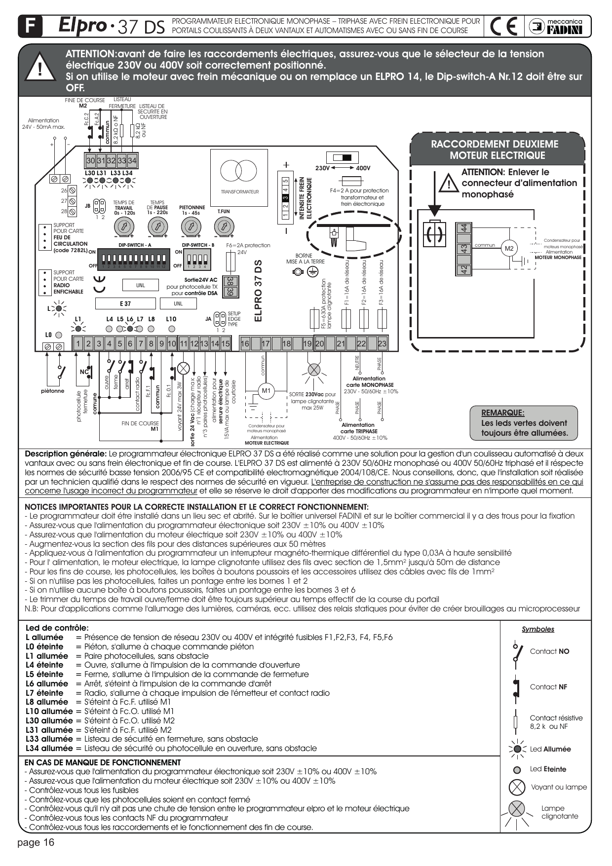 Schéma général de raccordement de la carte Elpro 37 DS : bornier, alimentation monophasée/triphasée, moteurs M1 et M2, fins de course, photocellules, dip-switches et trimmers.