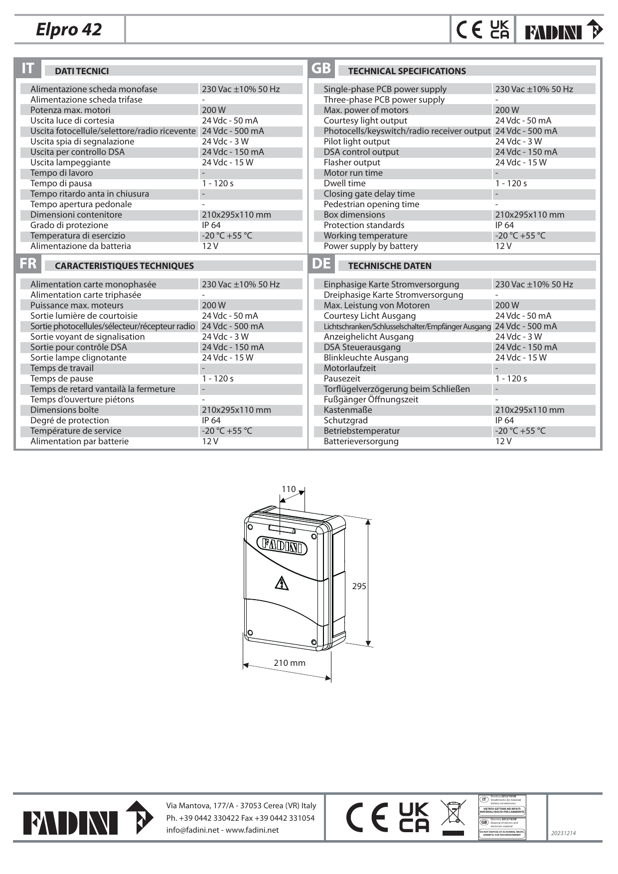 Dimensions du boîtier : 210 × 295 × 110 mm