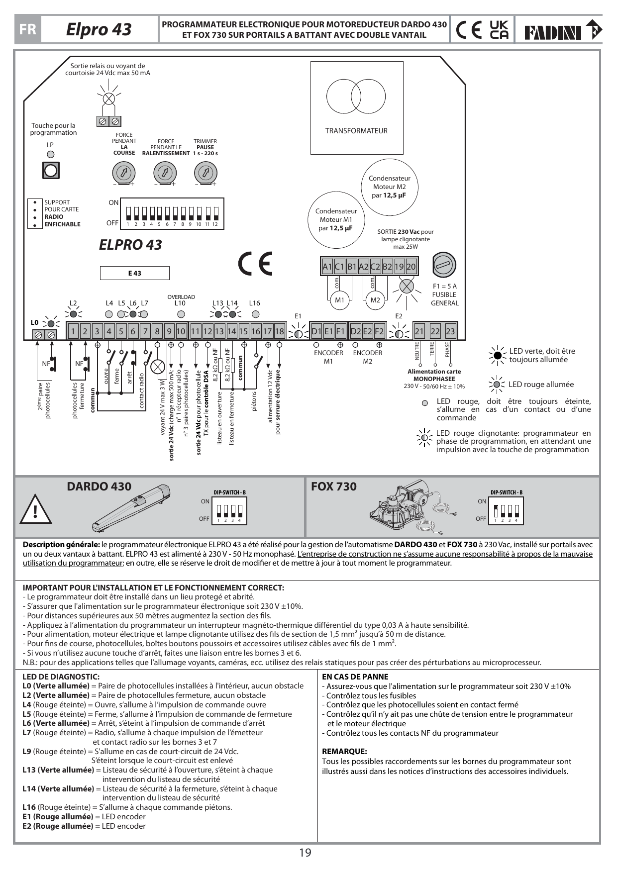 Schéma de câblage général du programmateur ELPRO 43 avec bornier, trimmers, dip-switch et diagnostic LED