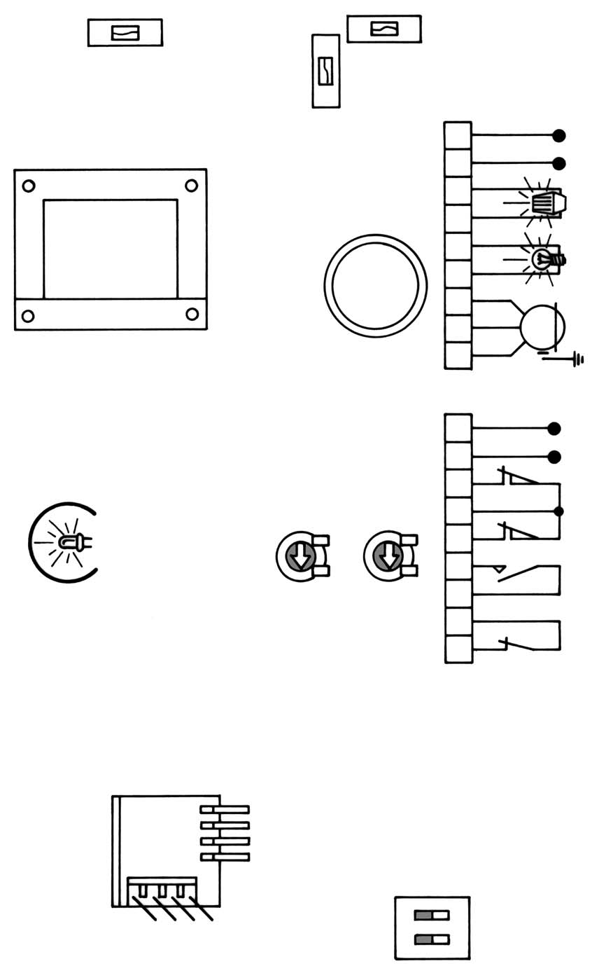Schema con trasformatore, condensatore, morsettiere numerate, LED, due trimmer di regolazione, supporto schedina radio comando e dip-switch