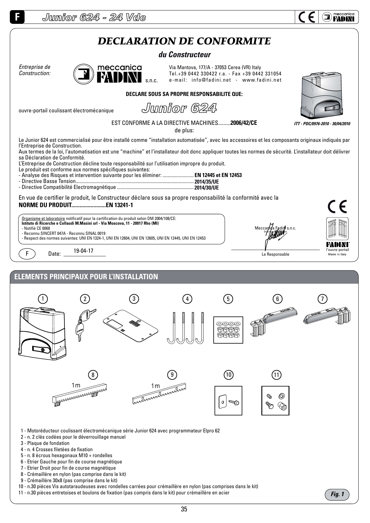 Éléments et accessoires du kit Junior 624 (Fig. 1)