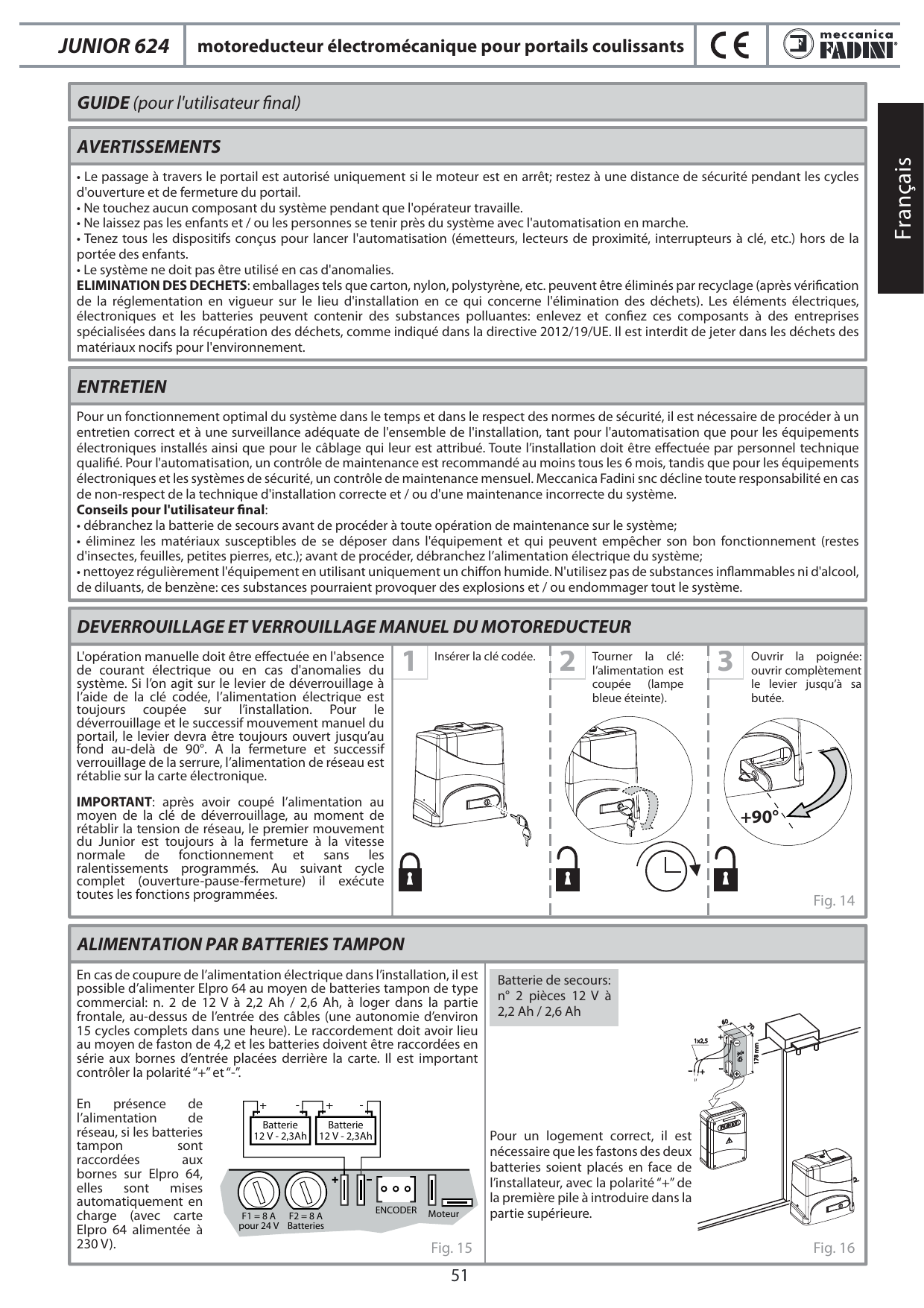 Étapes de déverrouillage manuel du motoréducteur avec clé codée