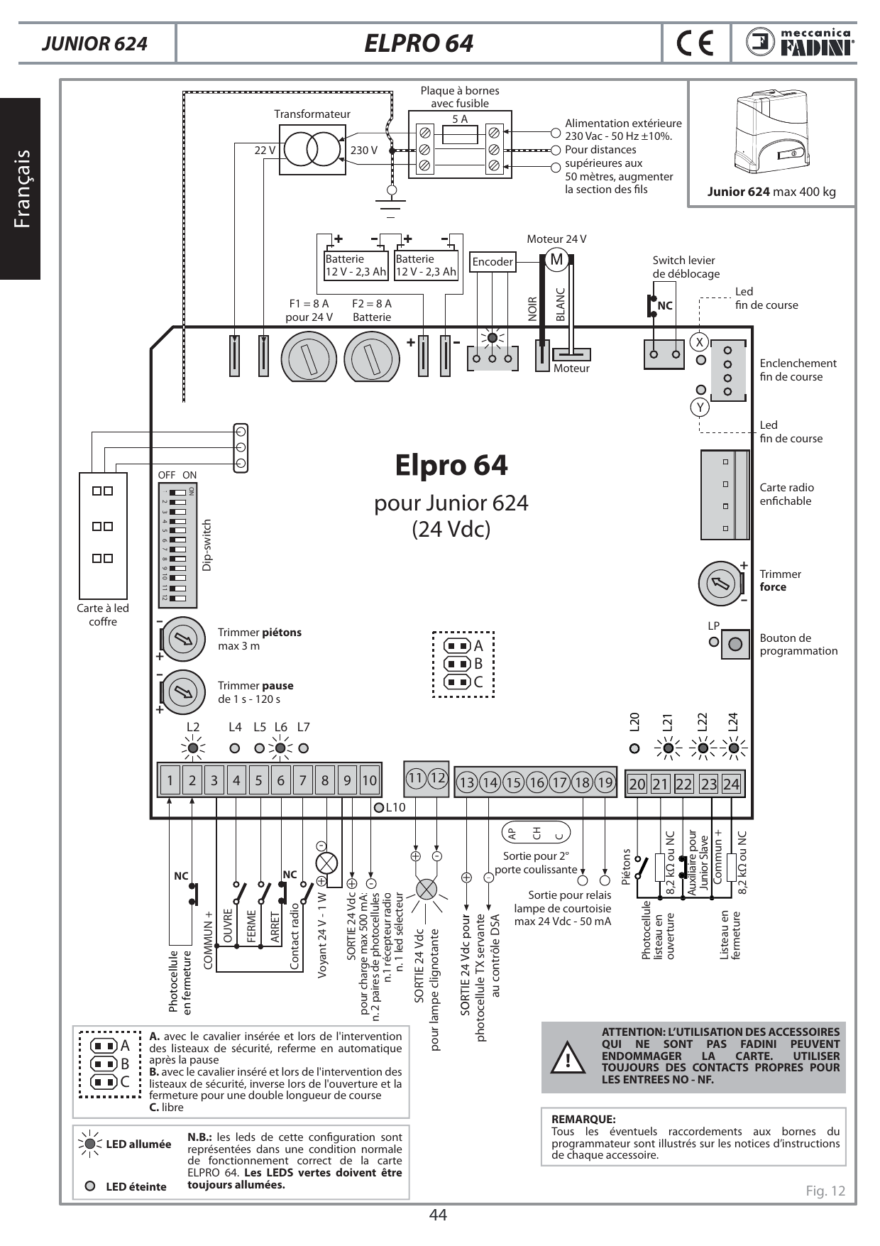 Schéma électrique complet de la carte Elpro 64 avec bornier, transformateur, batteries, moteur et dip-switch