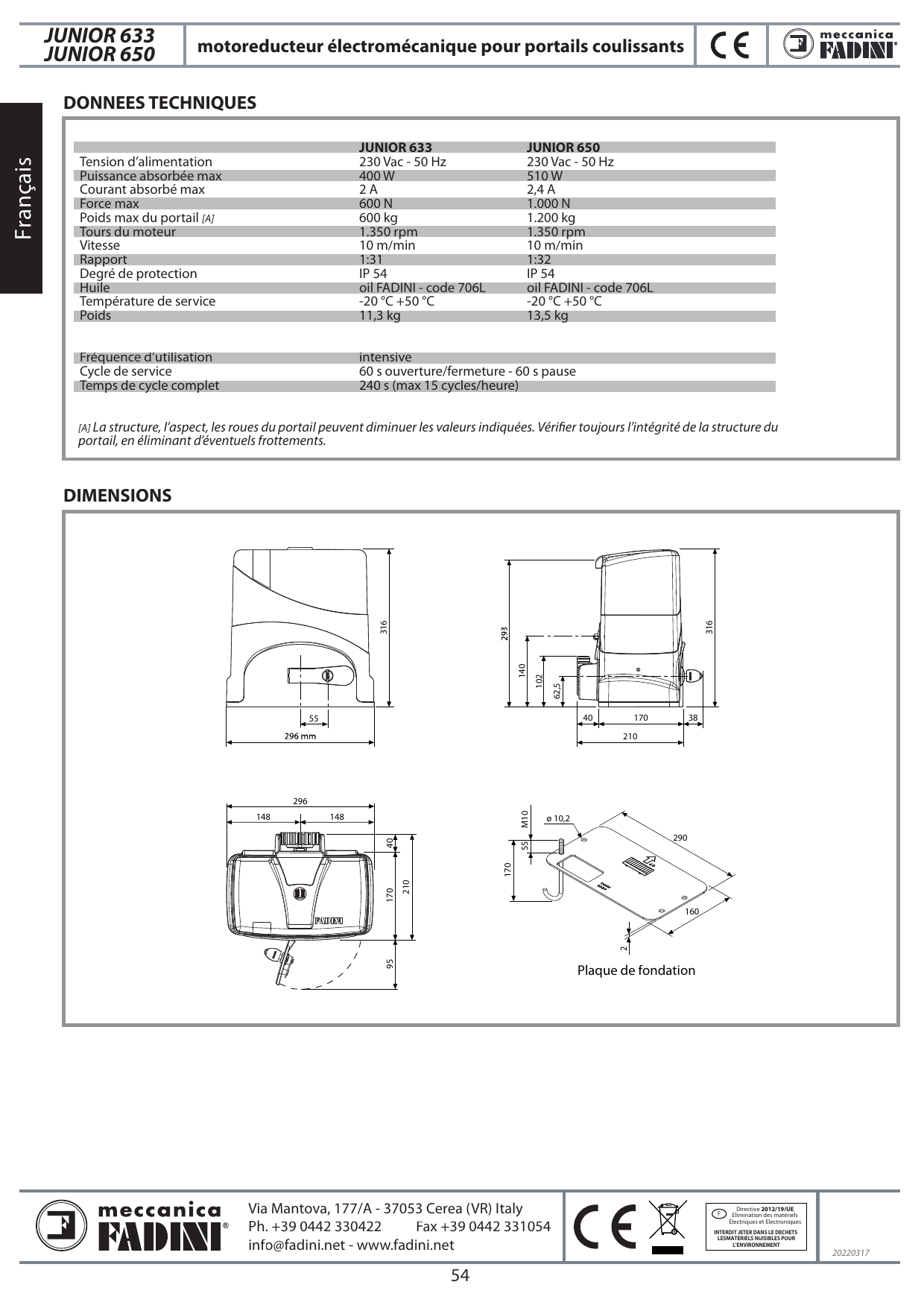 Dimensions du motoréducteur Junior et de la plaque de fondation (valeurs en mm)