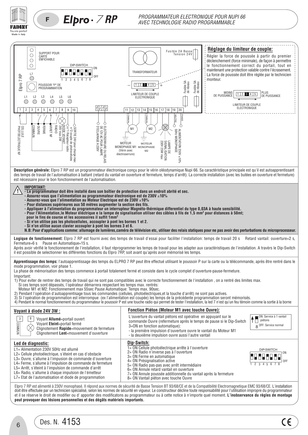 Schéma de câblage du programmateur Elpro 7 RP : bornier (bornes 1 à 20), transformateur, limiteur de couple électronique, moteurs monophasés M1 et M2, électroserrure, lampe de signalisation, photocellule, et emplacement des leds L1-L7