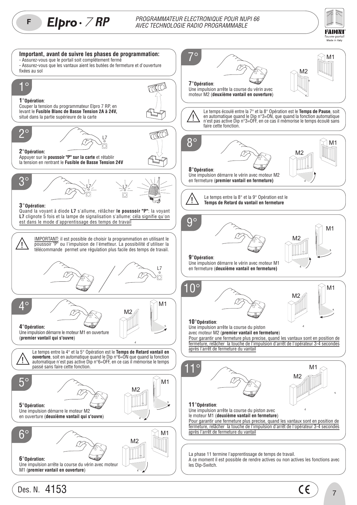 Illustrations des phases de programmation 1 à 11 : utilisation du poussoir « P » / télécommande et mouvements successifs des vantaux M1 et M2 en ouverture et fermeture