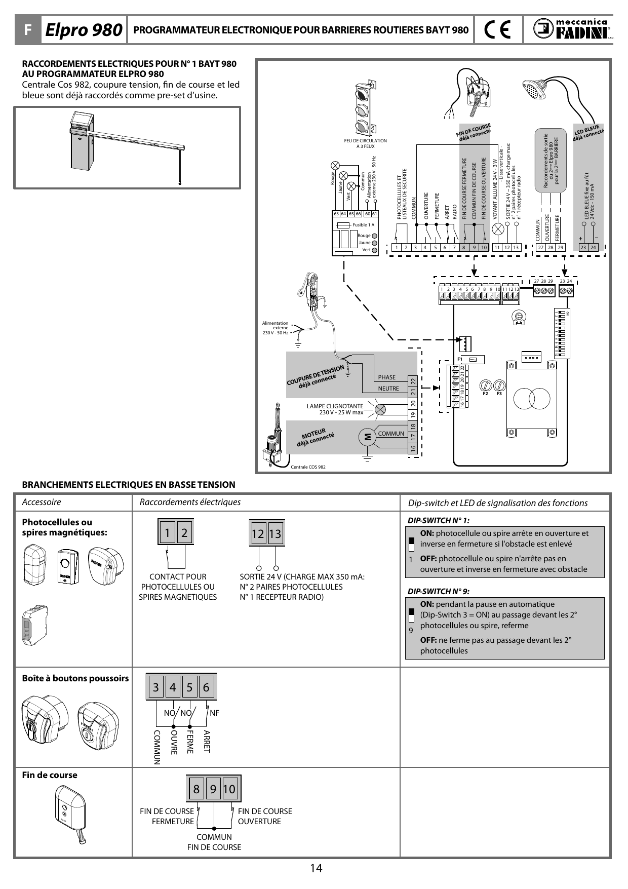 Schéma de raccordement d'une barrière Bayt 980 au programmateur Elpro 980 : feu de circulation à 3 feux, fin de course, led bleue, moteur, lampe clignotante, coupure de tension et bornier