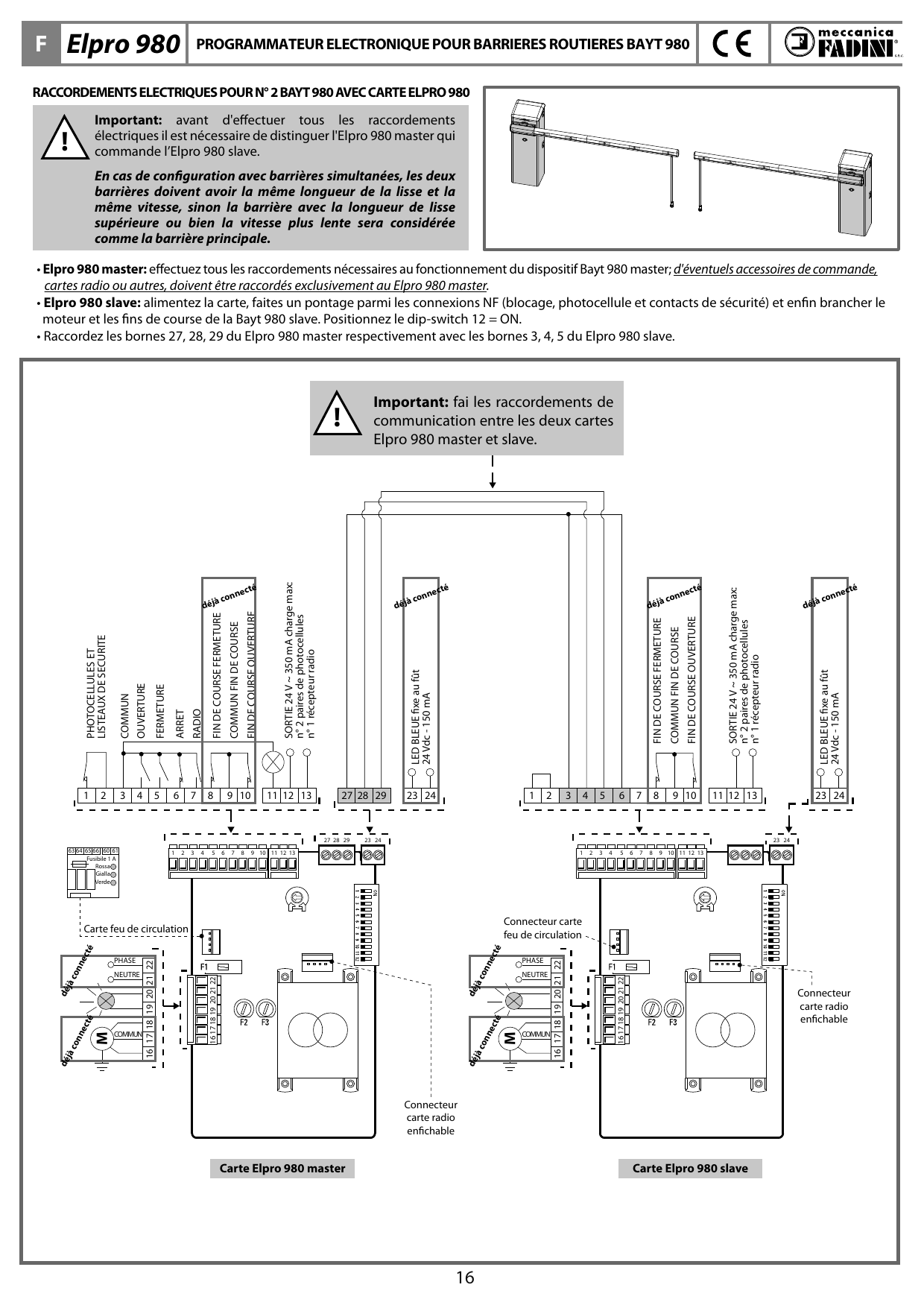 Schéma de raccordement de deux barrières Bayt 980 : cartes Elpro 980 master et slave, feu de circulation, connecteur carte radio enfichable, raccordements de communication entre les deux cartes