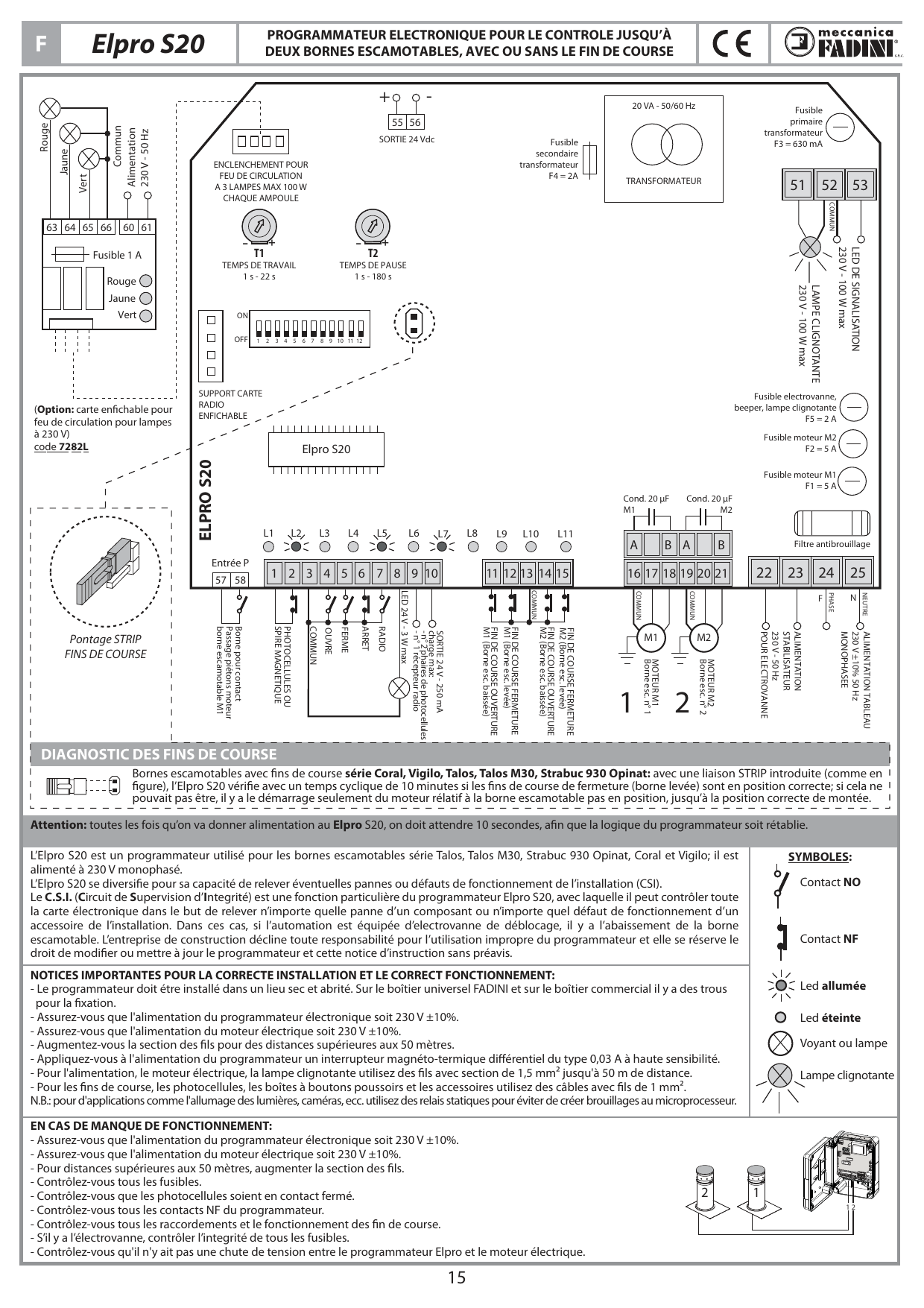Schéma général du programmateur Elpro S20 : disposition des bornes, fusibles, transformateur, trimmers T1/T2, dip-switch et LED de contrôle