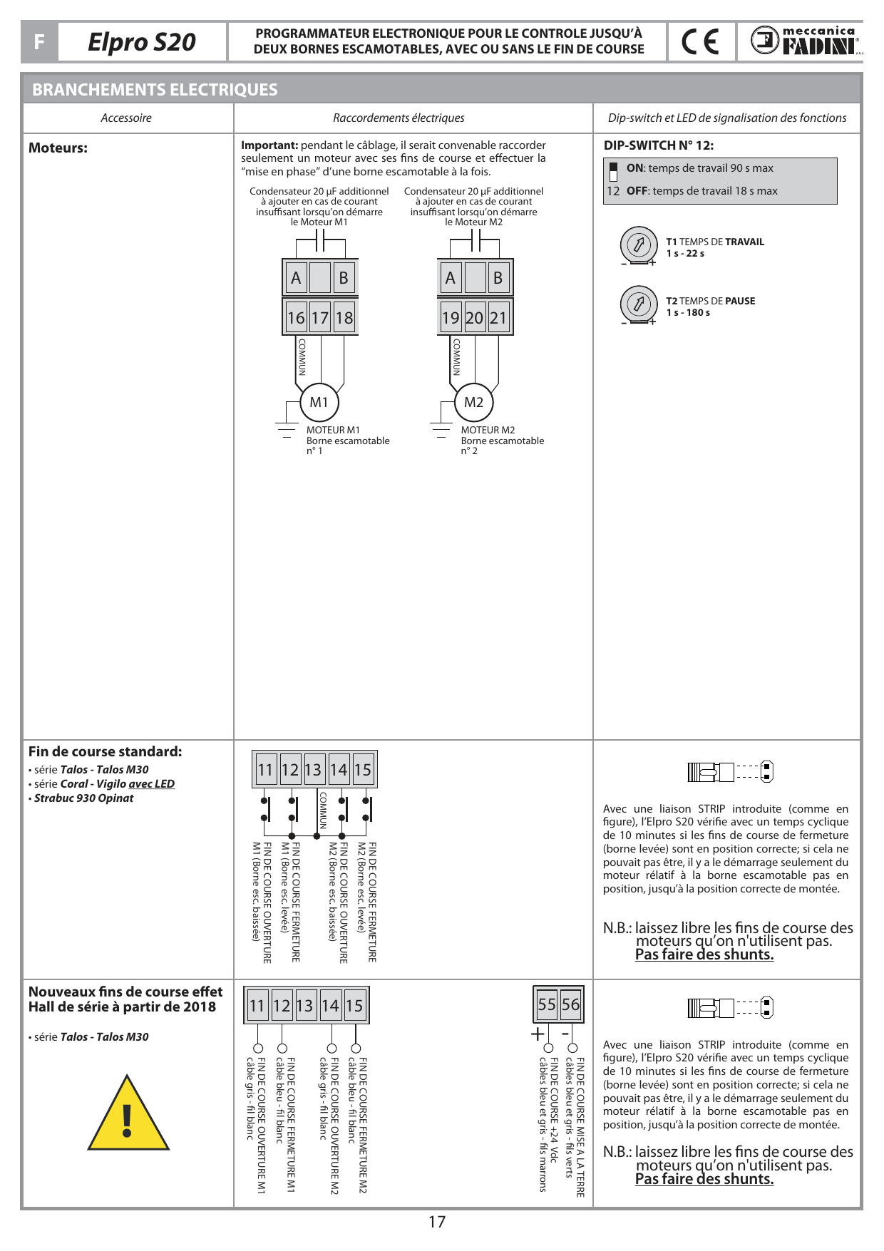 Schéma de câblage des moteurs M1/M2 (bornes 16-21) avec condensateurs additionnels 20 µF