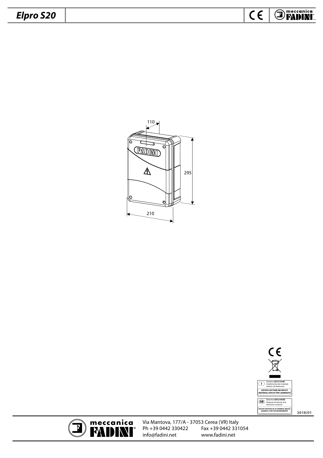 Dessin d'encombrement du boîtier : 210 × 295 × 110 mm