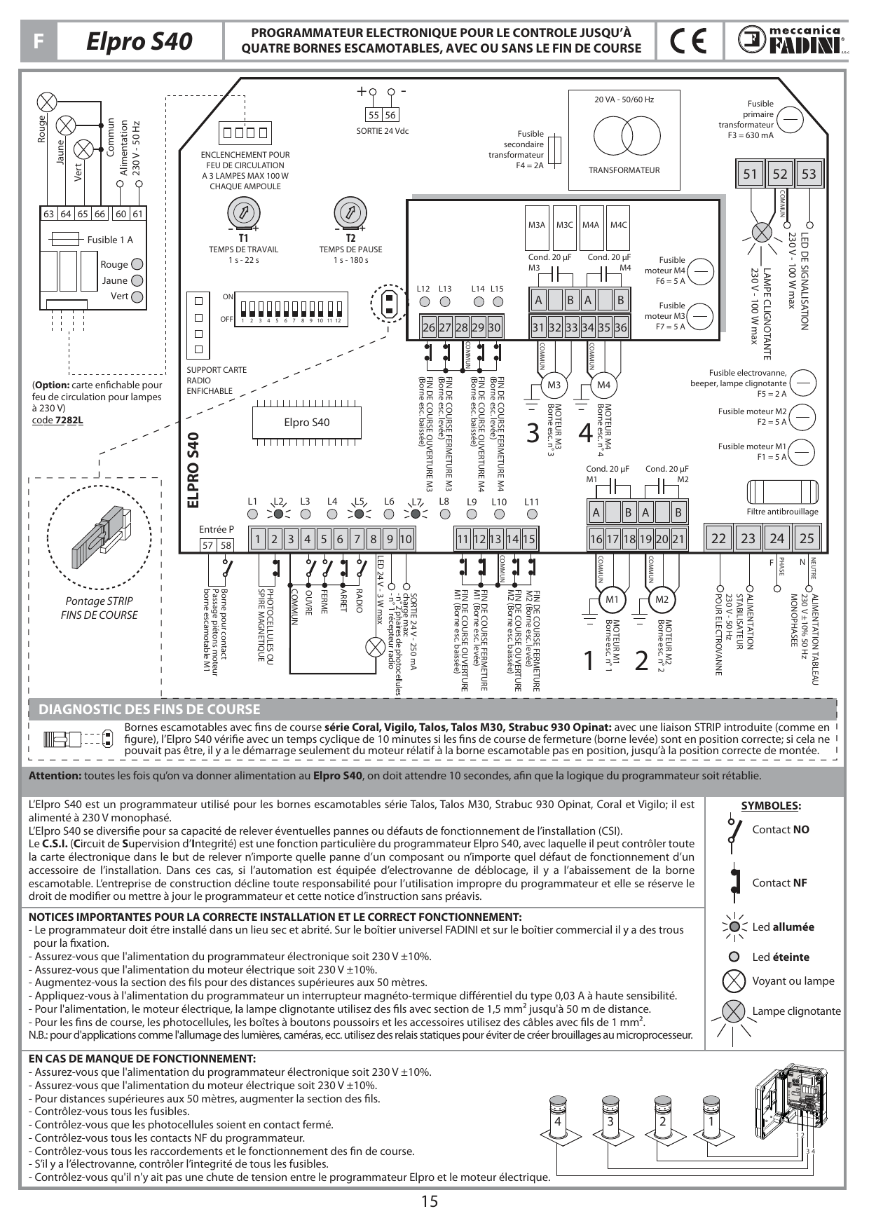 Schéma général de la carte électronique Elpro S40 : bornier, fusibles, LED de contrôle, trimmers T1/T2, dip-switch, transformateur, sorties moteurs et fins de course.
