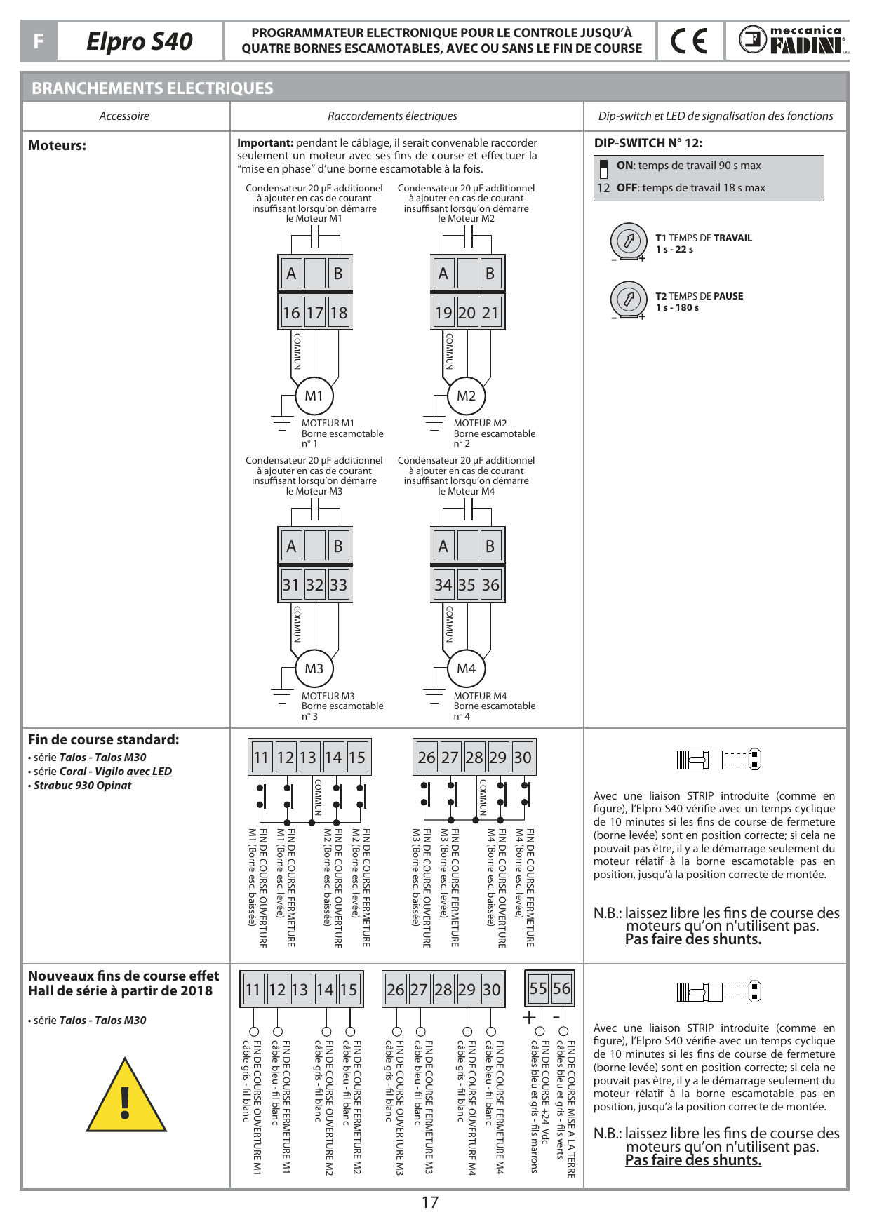 Câblage des moteurs M1 à M4 (condensateur 20 µF, bornes A/B et COMMUN) et des fins de course, standard et effet Hall.