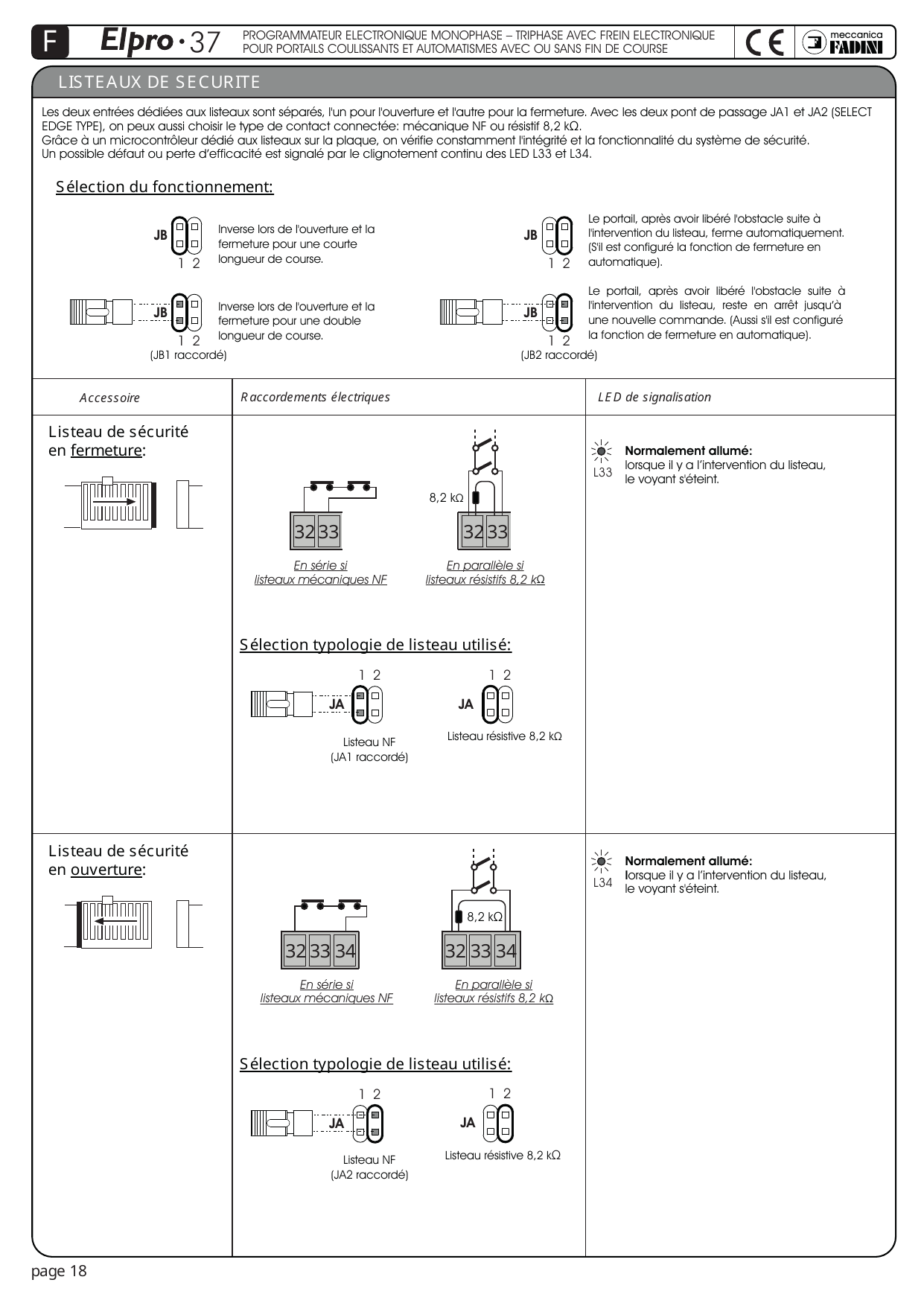 Schémas de raccordement des listeaux de sécurité (en série / en parallèle) et configuration des ponts JA et JB