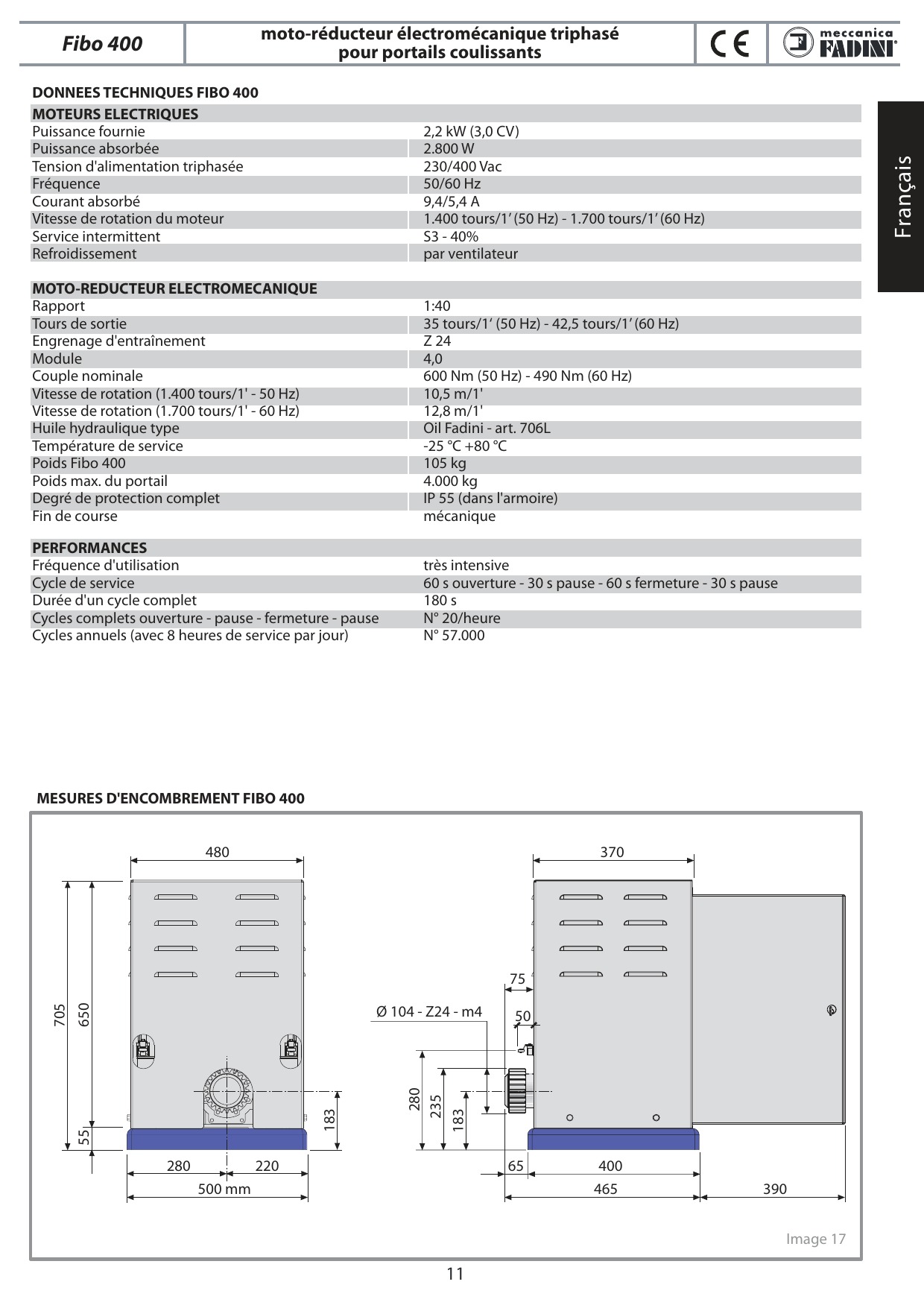 Image 17 — Mesures d'encombrement Fibo 400 (en mm) : 480, 705, 650, 55, 183, 280, 220, 500, Ø 104 - Z24 - m4, 75, 280, 235, 50, 65, 465, 390, 370.