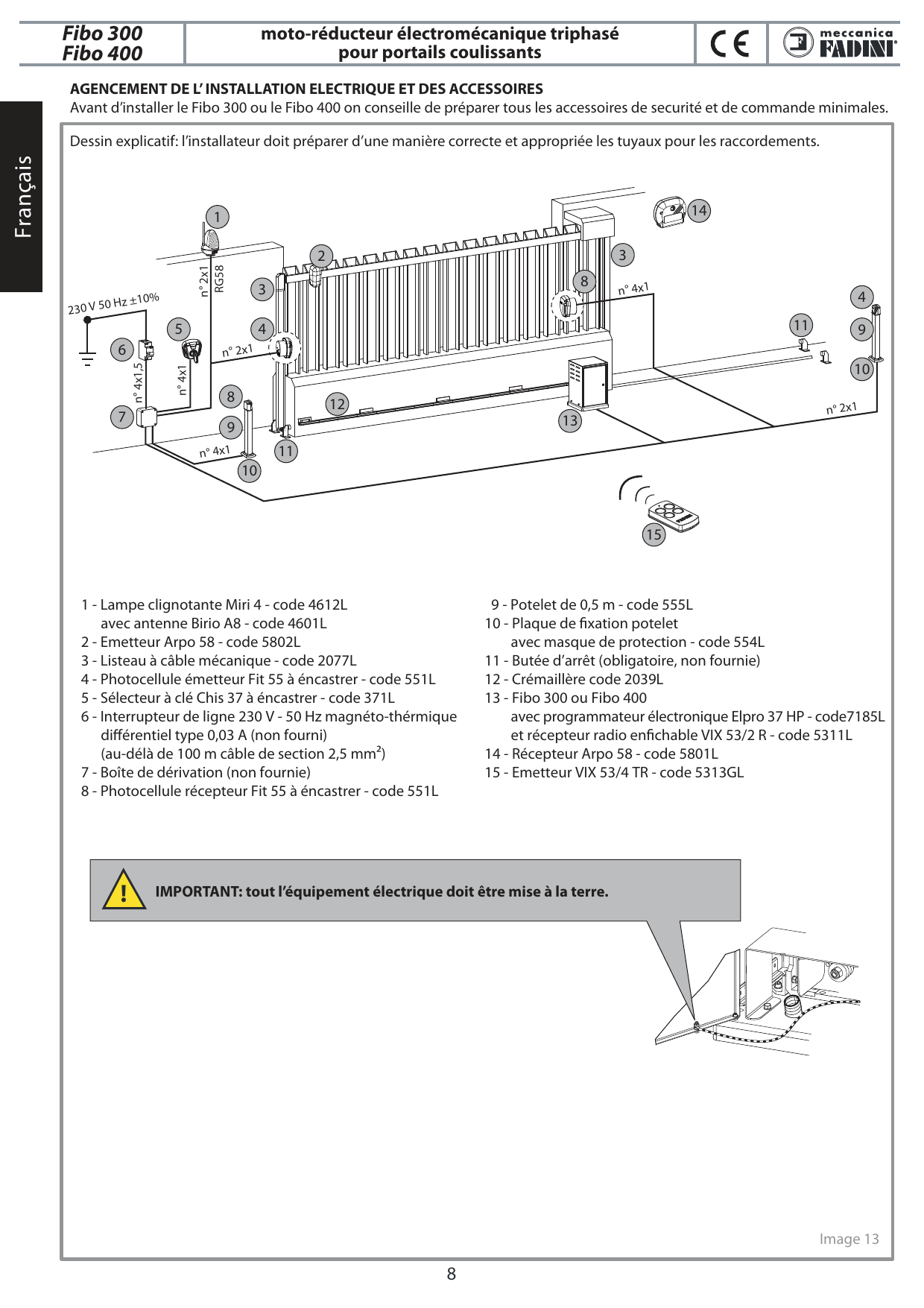 Image 13 — Schéma d'agencement de l'installation électrique et des accessoires (alimentation 230 V 50 Hz ±10%). Indications de câblage visibles : n° 2x1, n° 4x1, n° 4x1,5, n° 2x1 RG58.