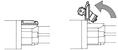 Détail du fonctionnement du déverrouillage : vantail verrouillé (fermé) et vantail libre (ouvert)