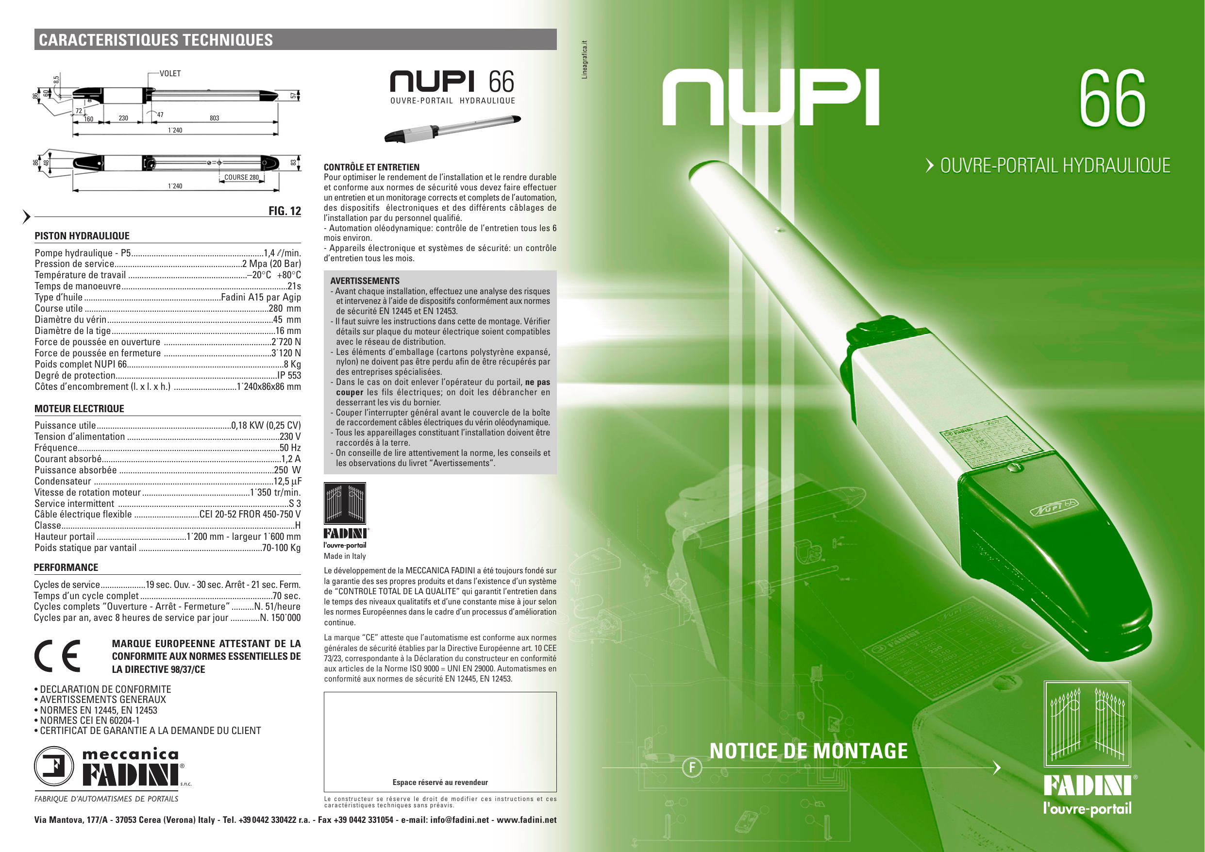 FIG. 12 – Cotes d'encombrement du NUPI 66 (longueur 1 240 mm, course 280 mm)