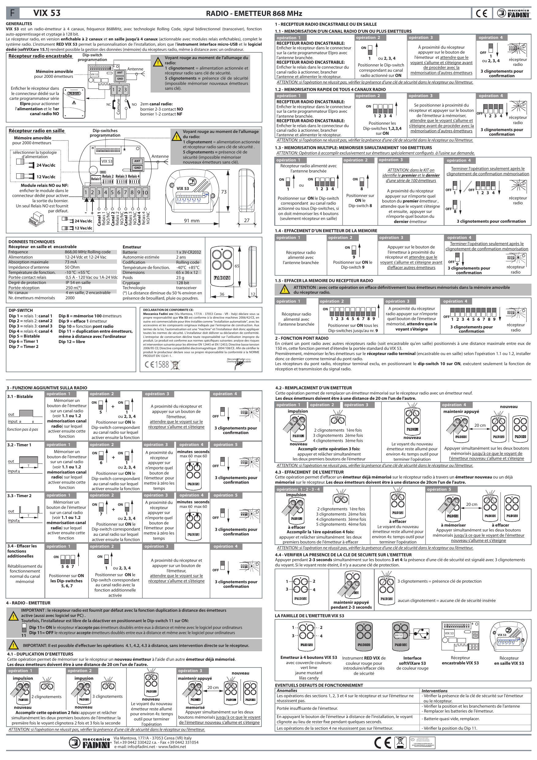 Récepteur radio en saillie et récepteur radio encastrable VIX 53 : schémas de branchement et description des composants