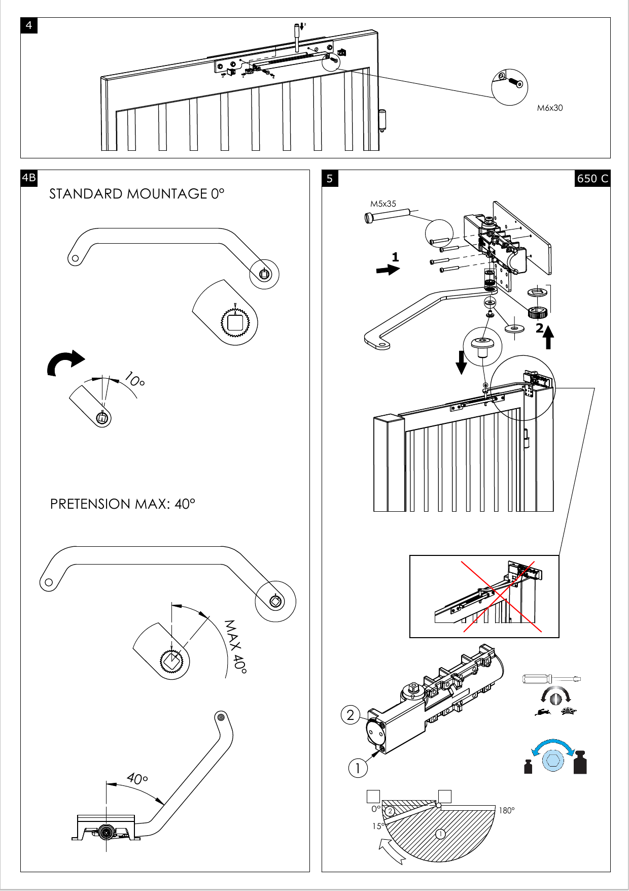 Fixation du bras et de la glissière sur la porte (vis M6x30)