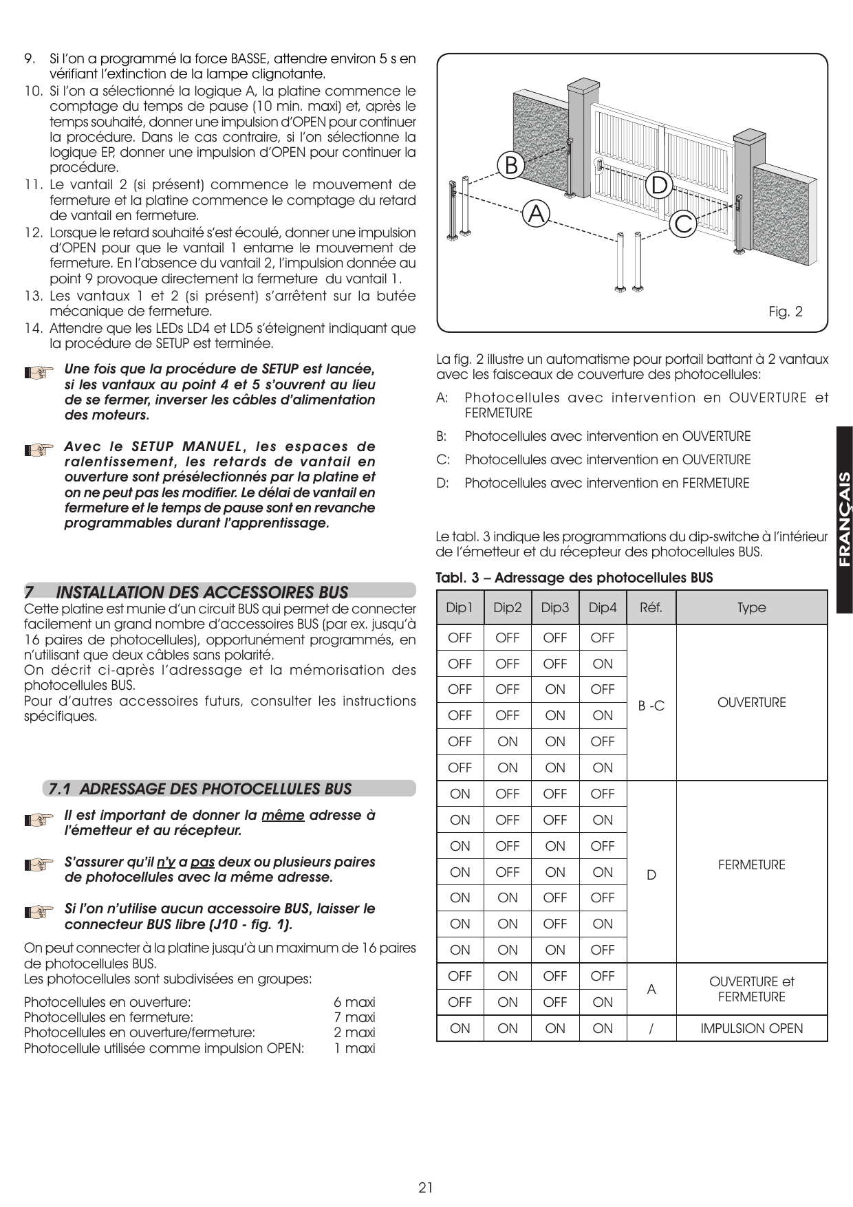 Fig. 2 — Automatisme pour portail battant à 2 vantaux avec faisceaux de couverture des photocellules (A : ouverture et fermeture ; B et C : ouverture ; D : fermeture)