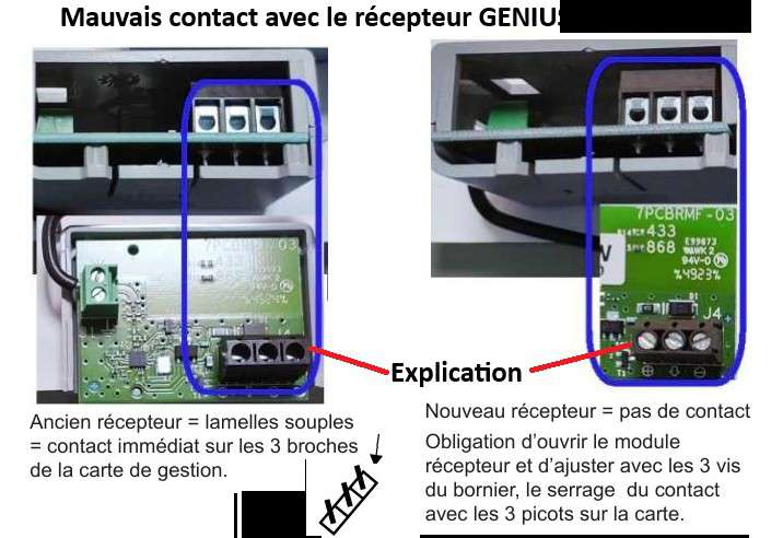 Comparaison de l'ancien récepteur (lamelles souples, contact immédiat sur les 3 broches de la carte de gestion) et du nouveau récepteur (borniers à vis, pas de contact : obligation d'ouvrir le module récepteur et d'ajuster avec les 3 vis du bornier le serrage du contact avec les 3 picots sur la carte)