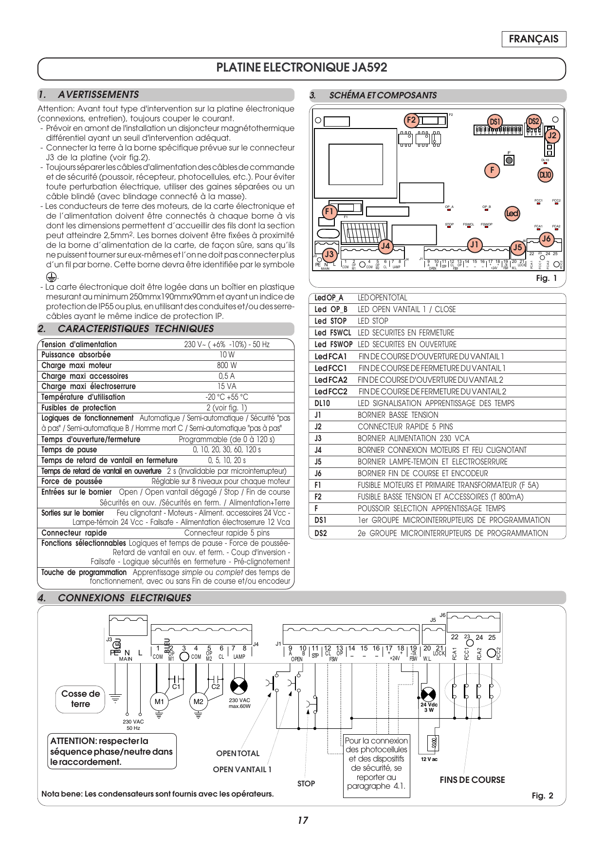 Fig. 1 — Schéma de la platine JA592 avec composants (fusibles F1/F2, microinterrupteurs DS1/DS2, connecteur J2, poussoir F, led DL10, borniers J1-J6).