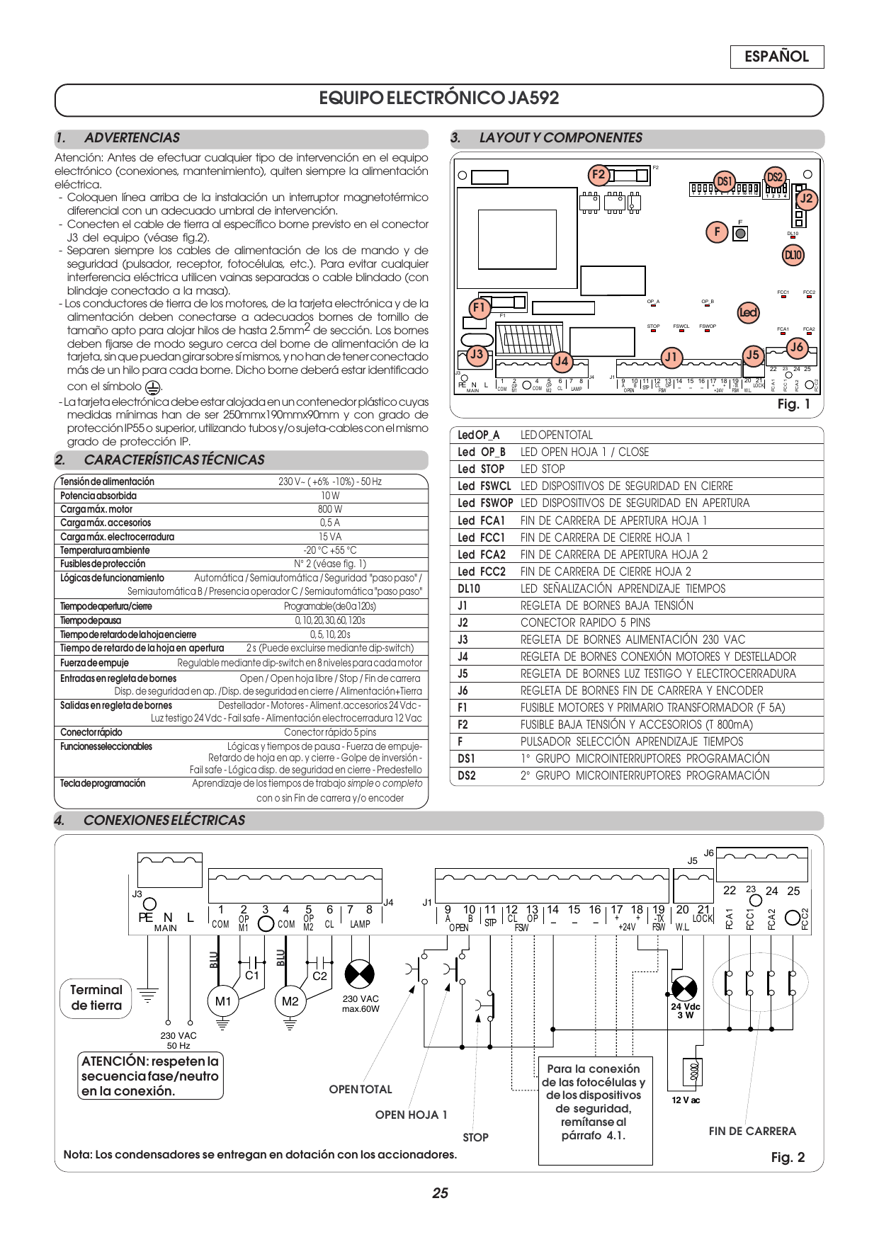 Fig. 1 — Layout de la tarjeta JA592 con sus componentes (fusibles F1/F2, microinterruptores DS1/DS2, conector J2, pulsador F, led DL10, regletas J1-J6).