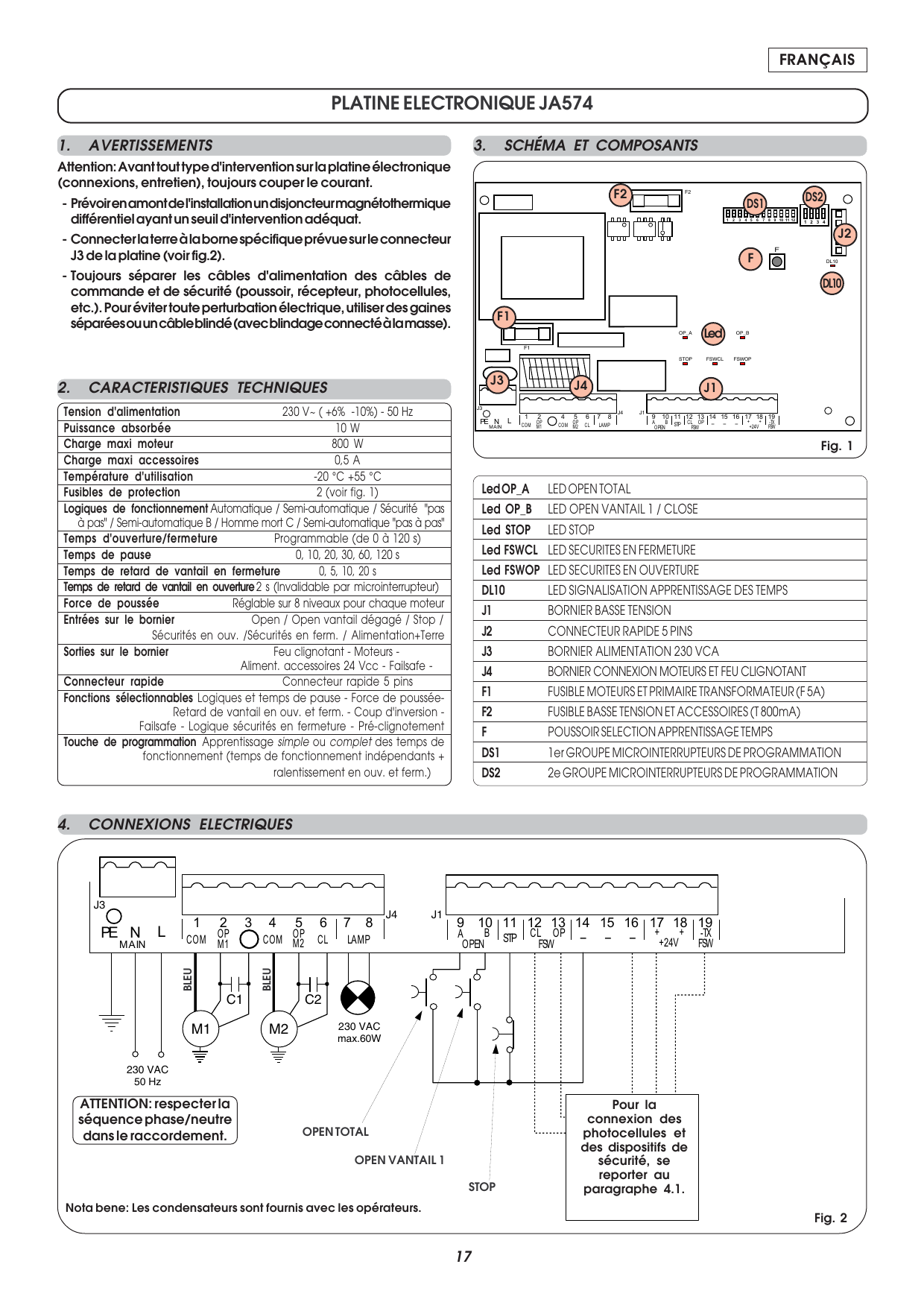 Fig. 1 — Disposition des composants de la platine JA574 (F1, F2, J1, J2, J3, J4, leds, DL10, DS1, DS2, touche F).
