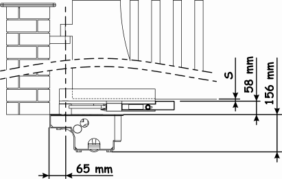 Vue de côté du positionnement du caisson : 65 mm, 58 mm, 156 mm, s