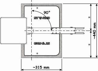 Vue de dessus : alignement à 90°, ~315 mm, ~440 mm