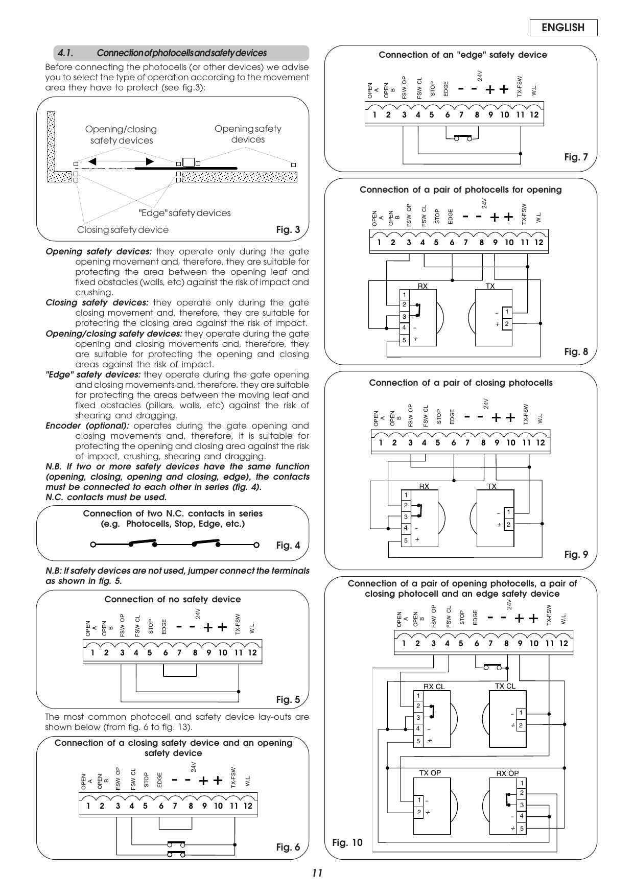 Fig. 3-10 — Photocell and safety device connection diagrams
