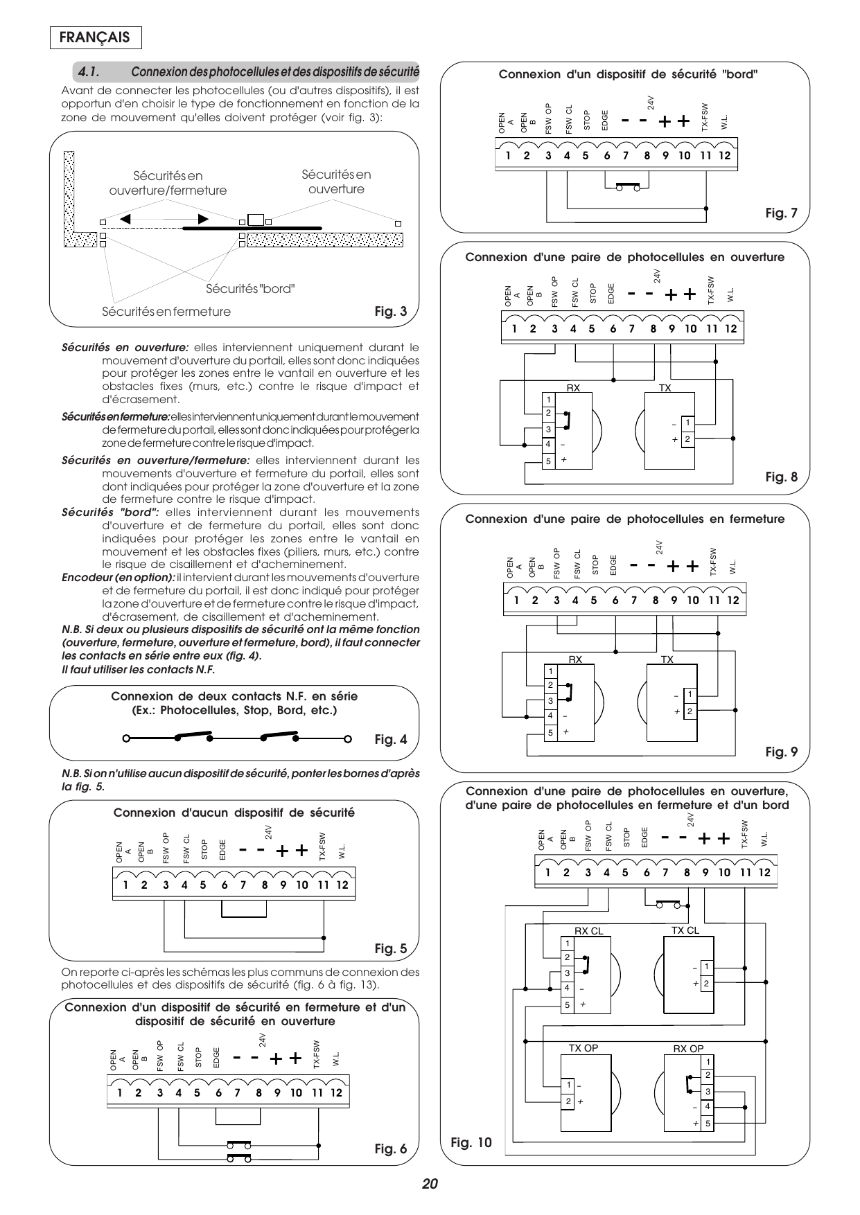 Fig. 3-10 — Schémas de connexion des photocellules et dispositifs de sécurité