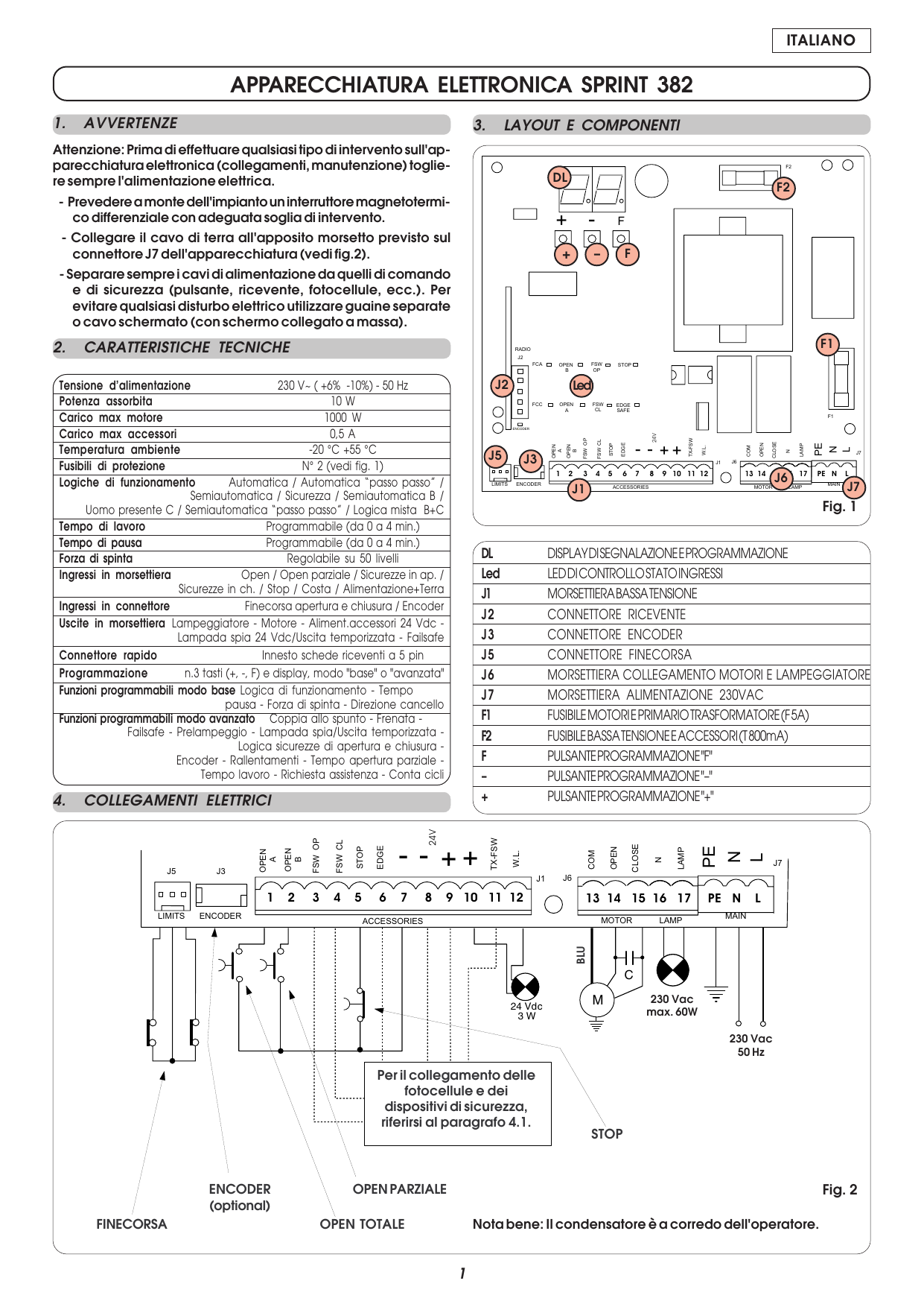 Fig. 1 — Layout della scheda SPRINT 382 con posizione di display, LED, morsettiere, connettori e fusibili