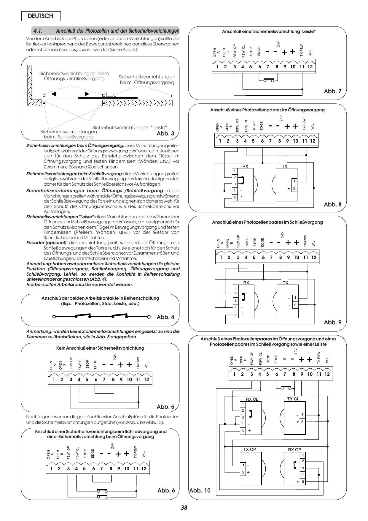 Abb. 3-10 — Anschlußpläne für die Photozellen und Sicherheitsvorrichtungen