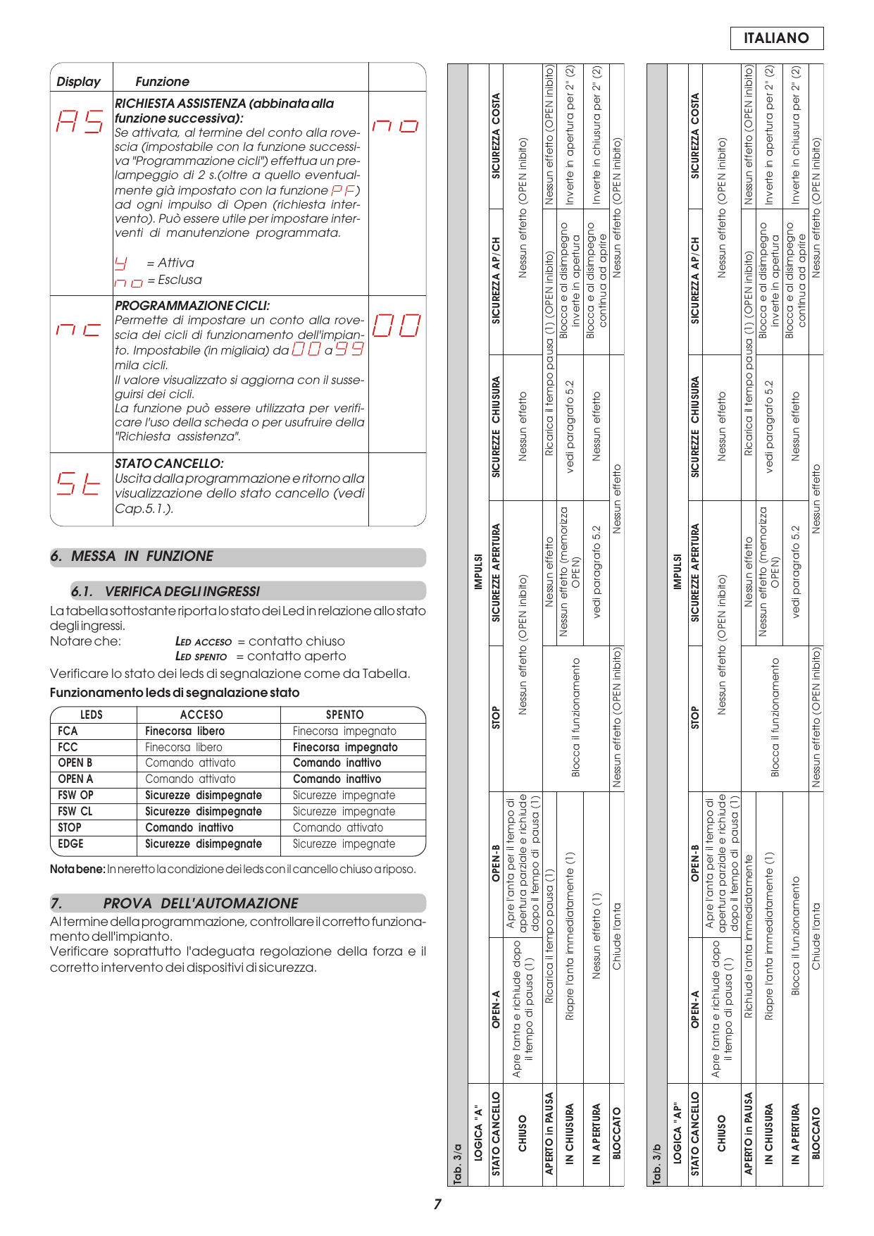 Tabelle 3/a - 3/h — Logiche di funzionamento (A, AP, S, E, EP, C, B, BC): effetti degli impulsi e dei dispositivi di sicurezza sui vari stati del cancello