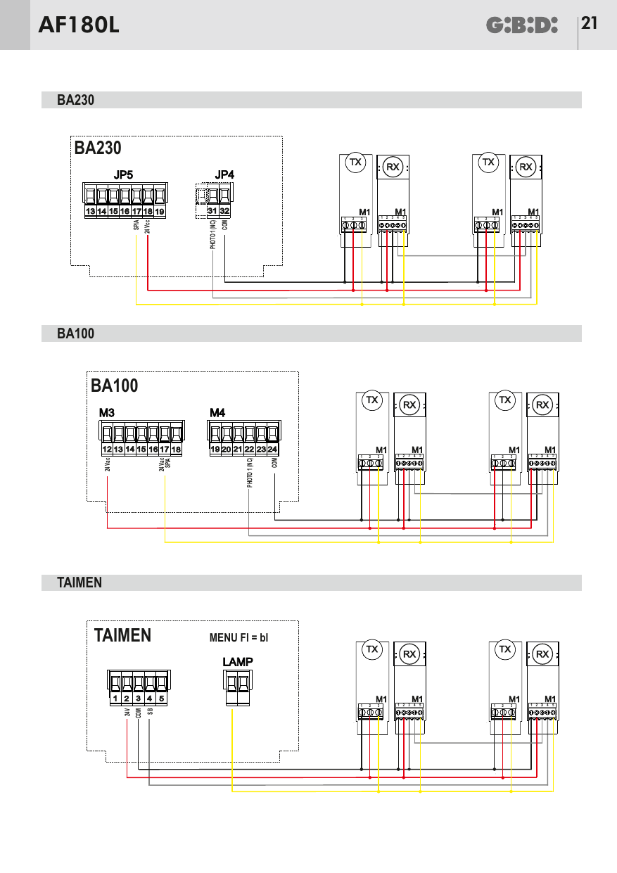 Schémas de raccordement aux platines BA230, BA100 et TAIMEN (MENU FI = bl)