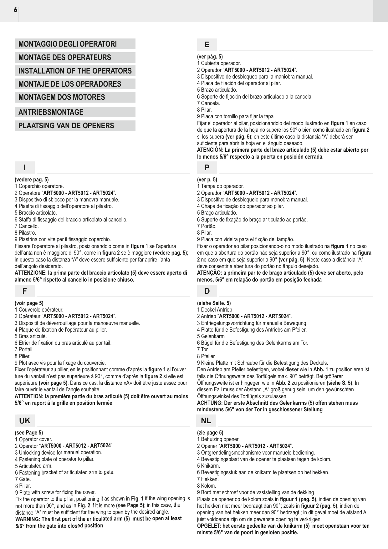 Composants de l'opérateur et du bras articulé (repères 1 à 9)