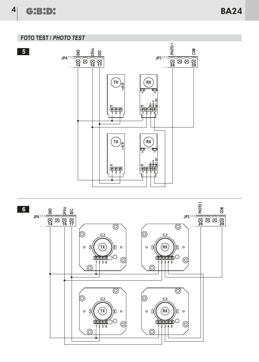 Branchement de deux paires de photocellules TX/RX en série avec fonction test – schéma 5.