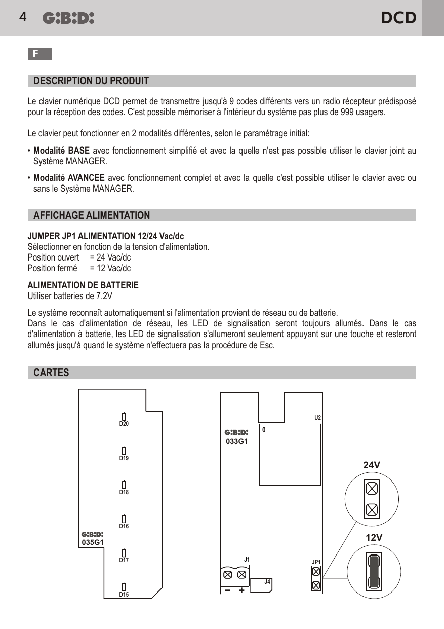 Schéma des cartes électroniques (035G1 et 033G1) avec connecteurs J1, J4, U2 et jumper JP1 (positions 12V / 24V), LED D15 à D20.